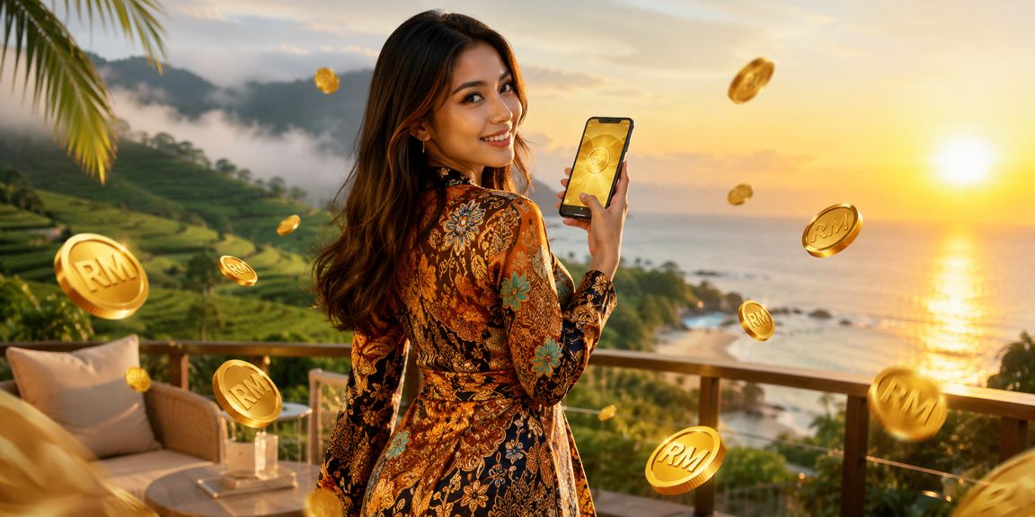 Skrin pendaftaran bonus platform hiburan Malaysia dengan motif batik yang meriah